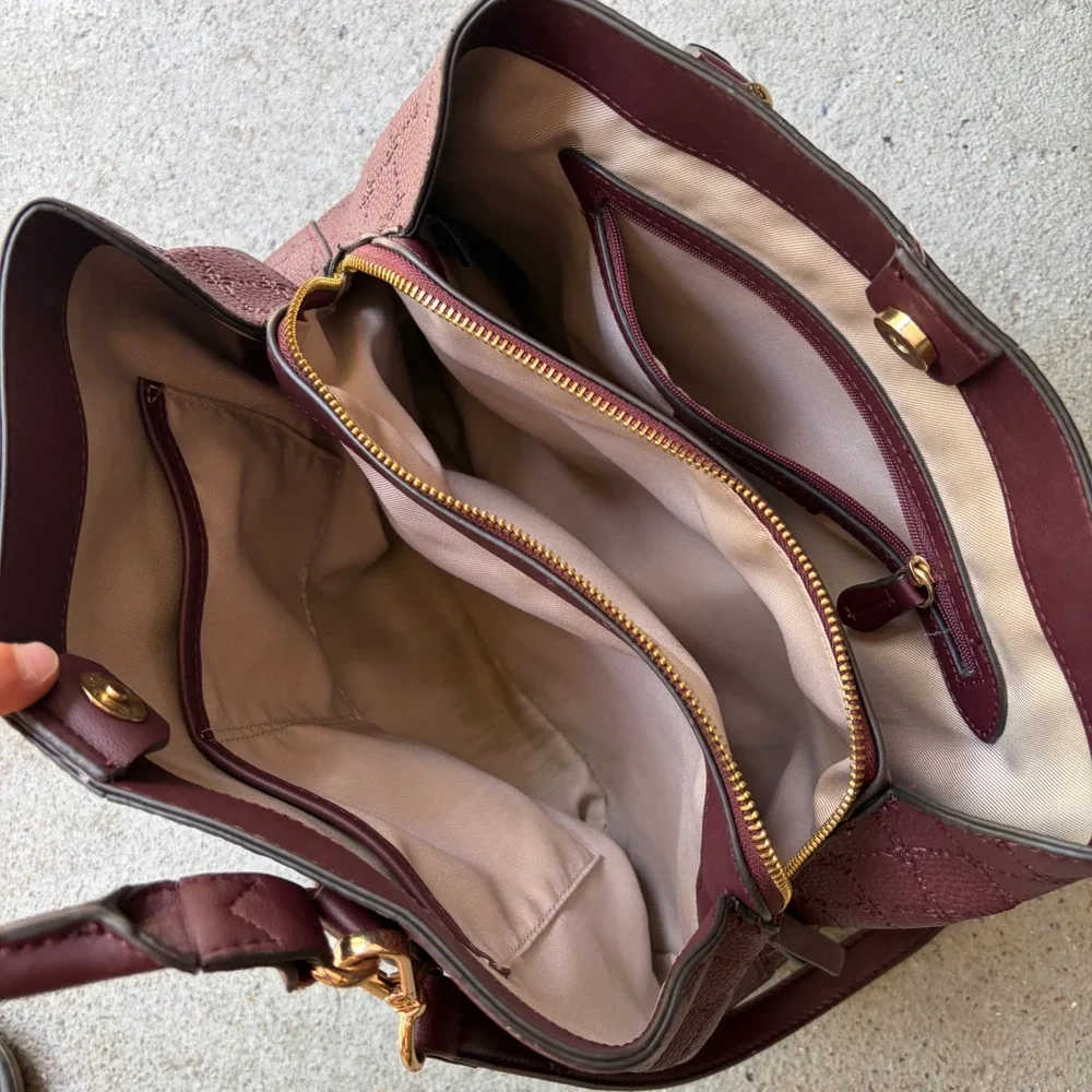 Nine West Burgundy Quilted Monogram Satchel Crossbody Handbag Gold Hardware